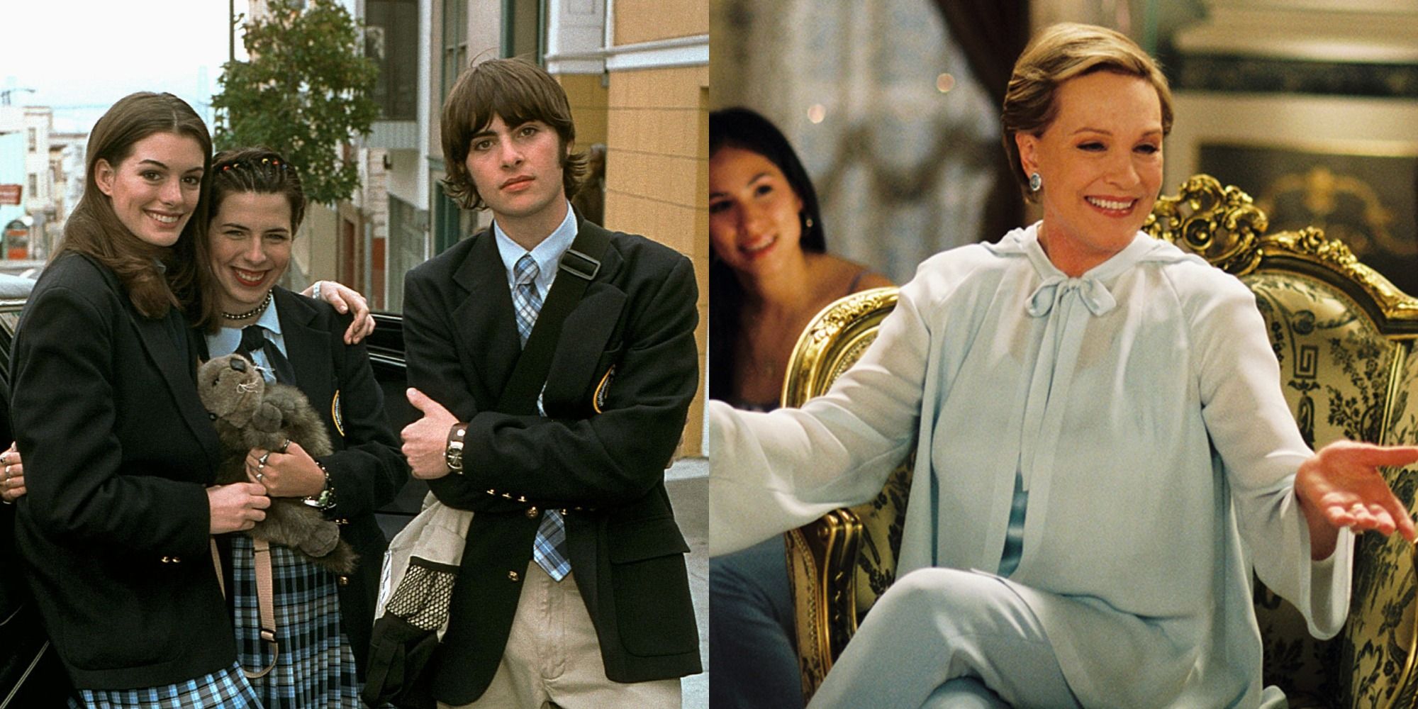 Split image showing Mia, Lily, and Michael and Queen Clarisse in The Princess Diaries