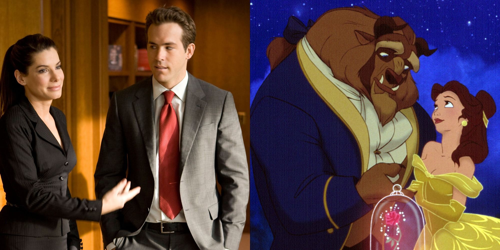 Split image showing the main characters from The Proposal and Beauty & the Beast