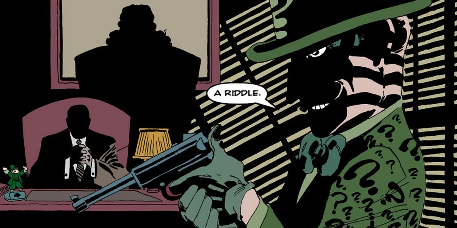 The Riddler wielding a pistol in Carmine Falcone's office in Batman The Long Halloween
