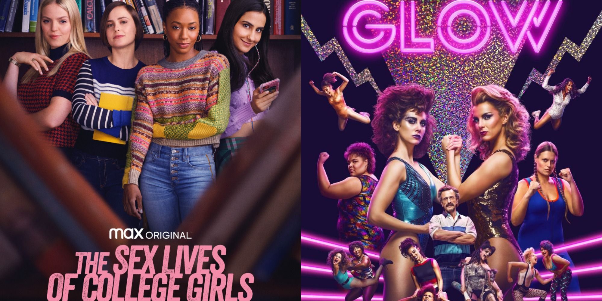 Split image showing posters for The Sex Lives of College Girls and Glow