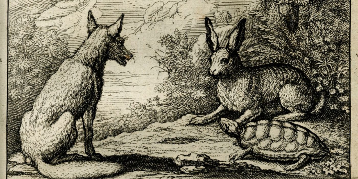 The Tortoise and the hare stand before a fox