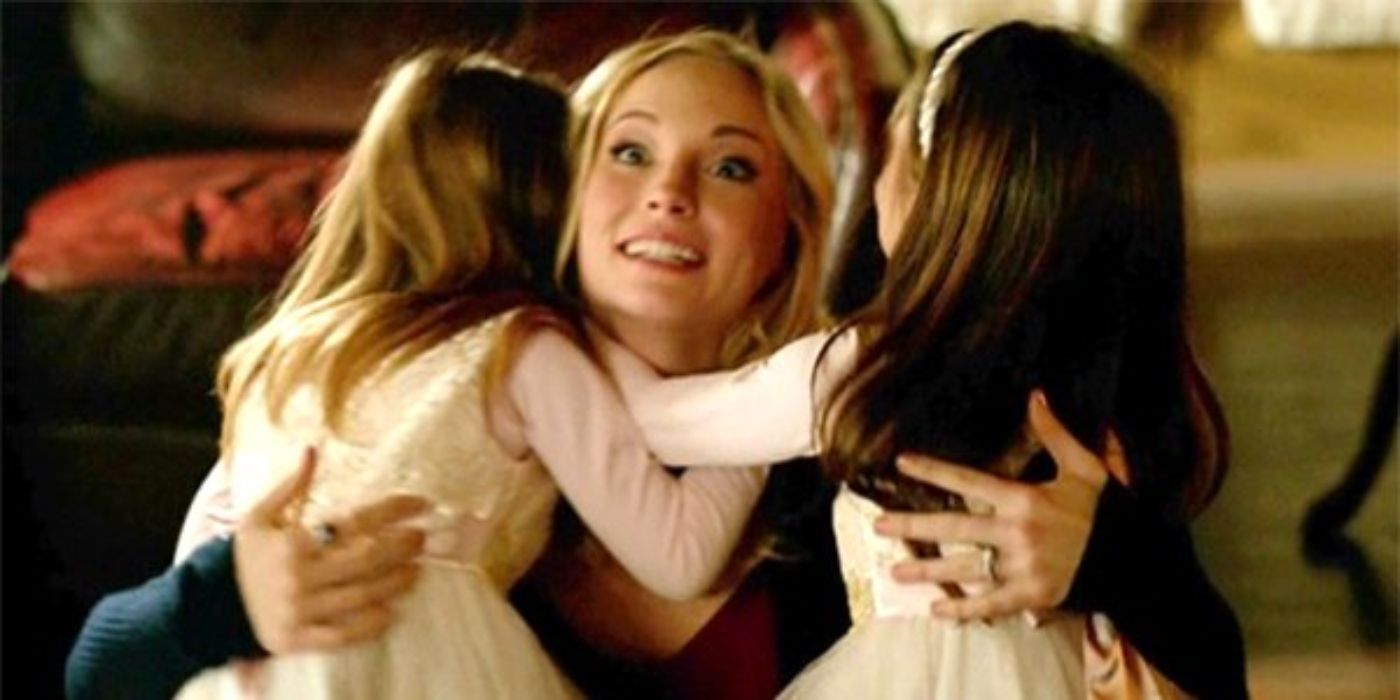 Caroline hugging her twins on The Vampire Diaries