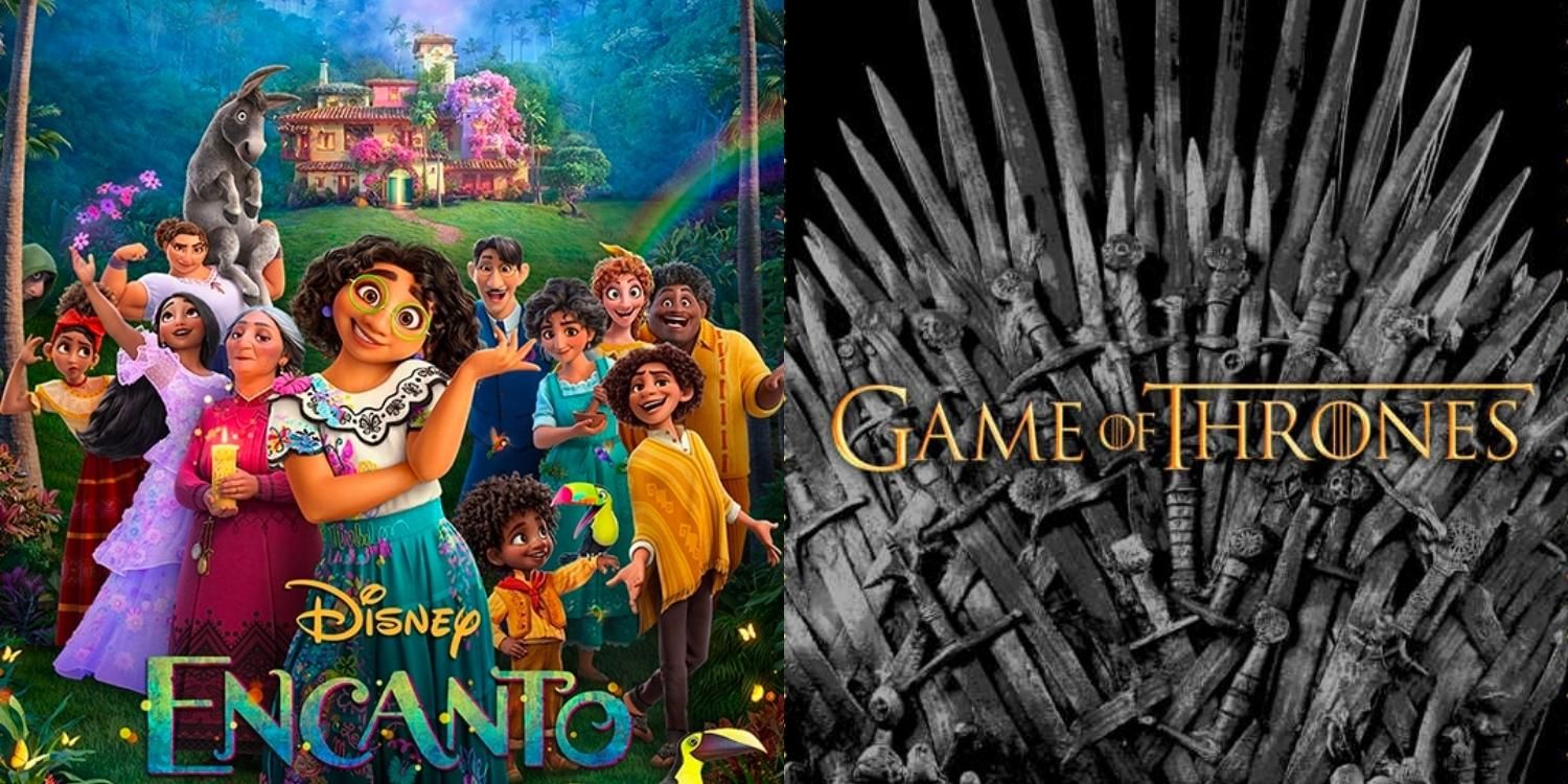 The poster for Encanto with the title text, Casita, and the Family Madrigal and a crop of a Game of Thrones poster with the title text and the Iron Throne