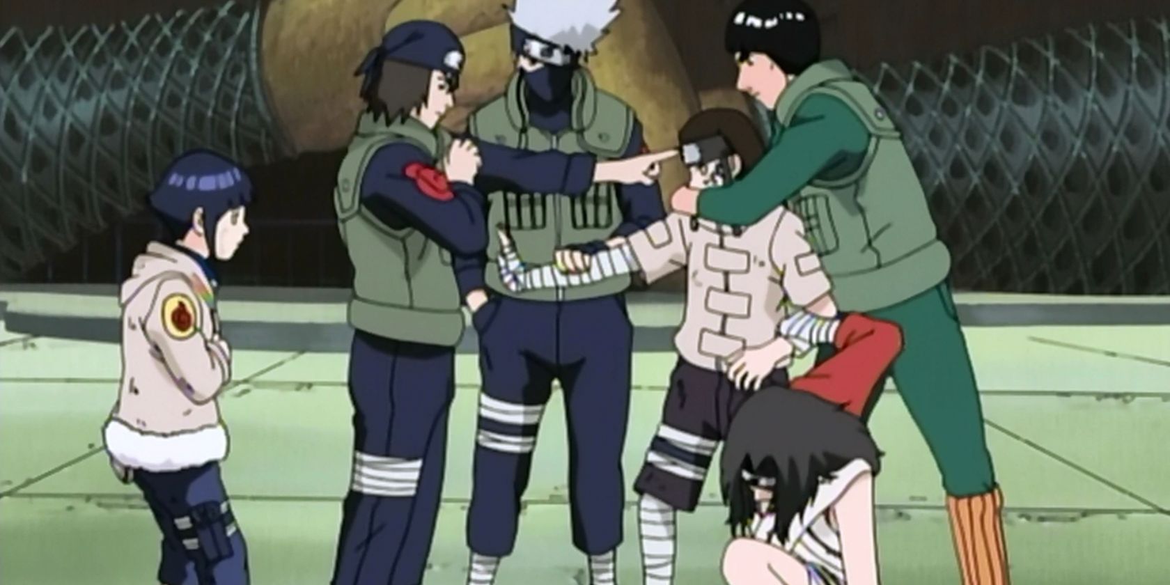 The teachers separate Neji and Hinata during the Chunin match in Naruto