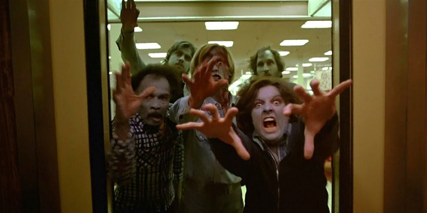 The zombies charge the elevator in Dawn Of The Dead.