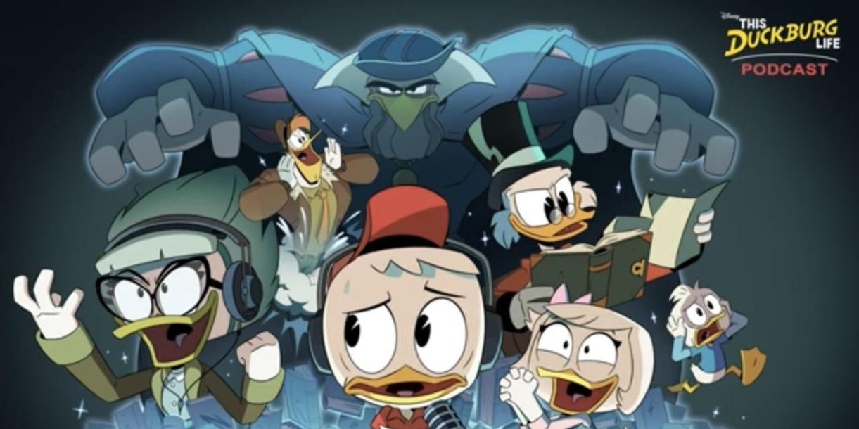 Scrooge McDuck and the gang stare in terror in front of Birdinand Magellan's menacing figure.
