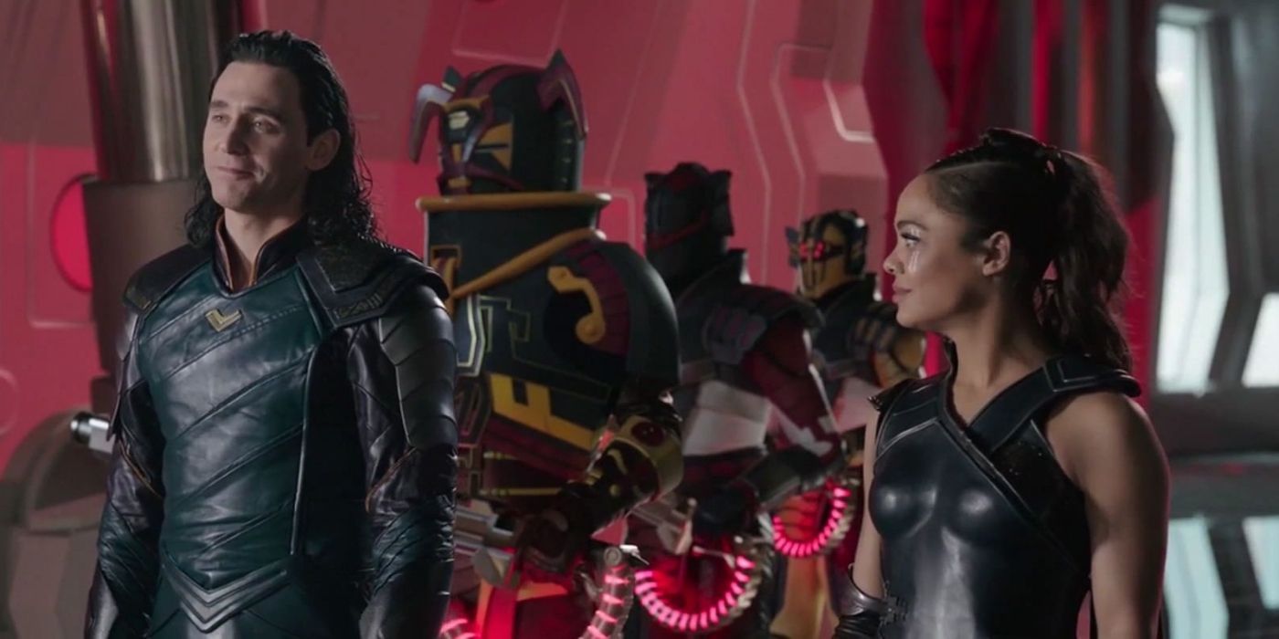 Loki and Valkyrie surrounded by guards in Thor Ragnarok