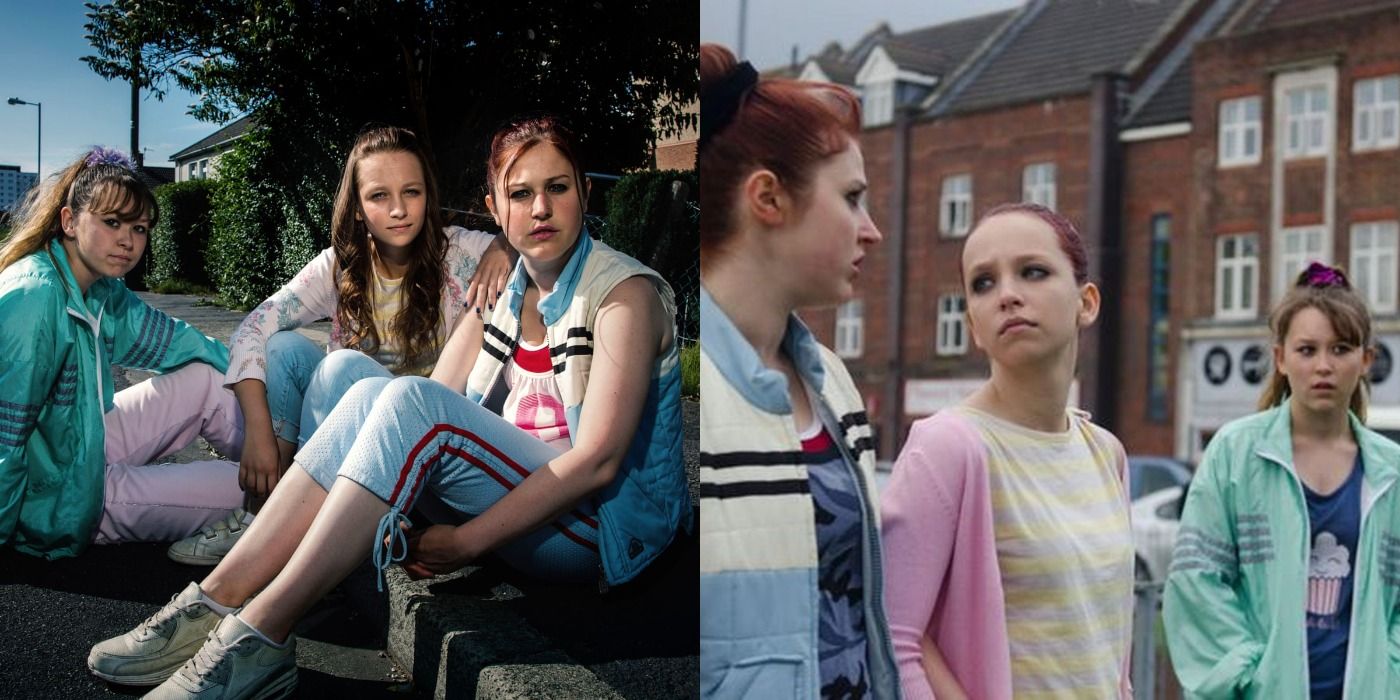 Three Girls cast in two side by side images of them outside.
