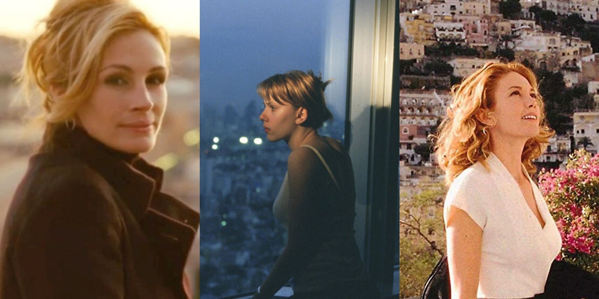 Three side by side images from Eat Pray Love, Under the Tuscan Sun and Lost in Translation