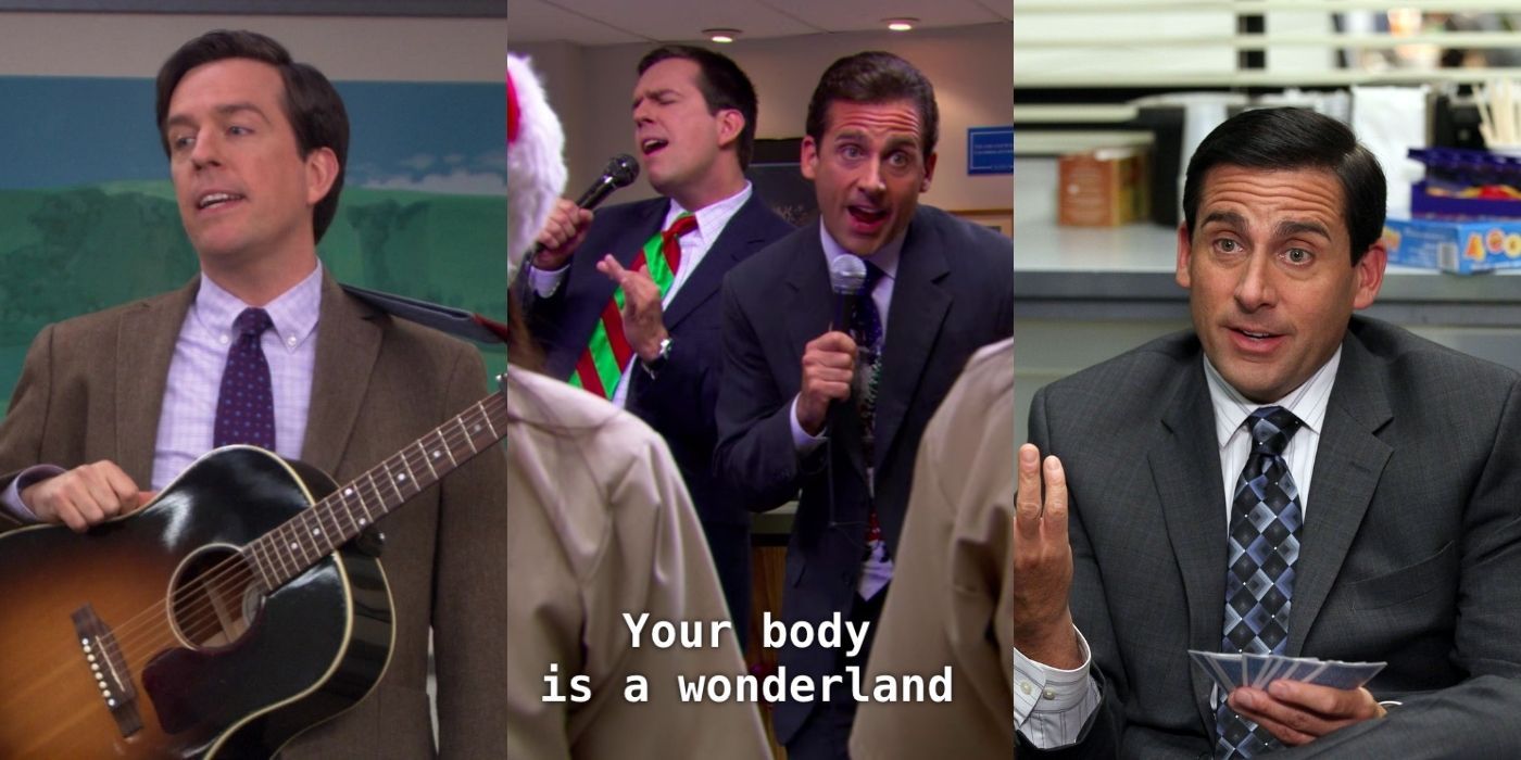 Three side by side images of Andy and Michael singing and talking on The Office