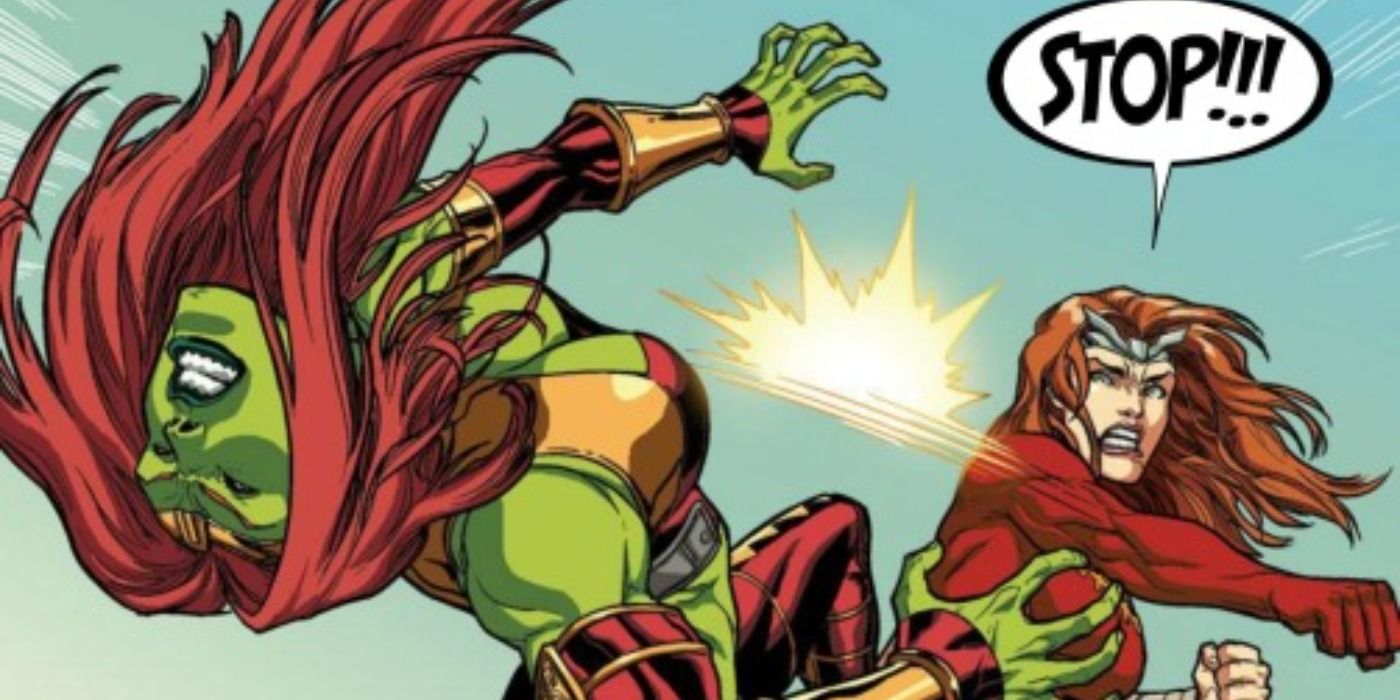 Thundra fights Lyra in Marvel Comics.