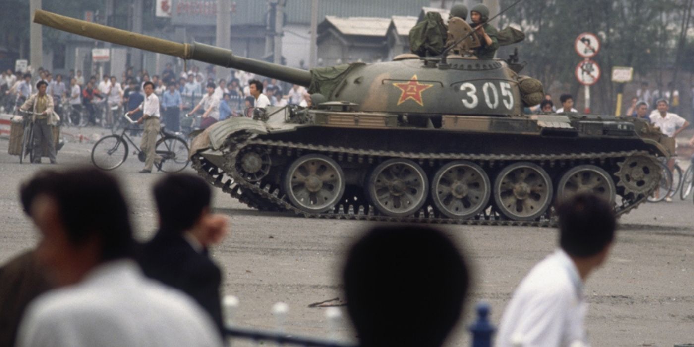 A tank going through Tiananmen Square