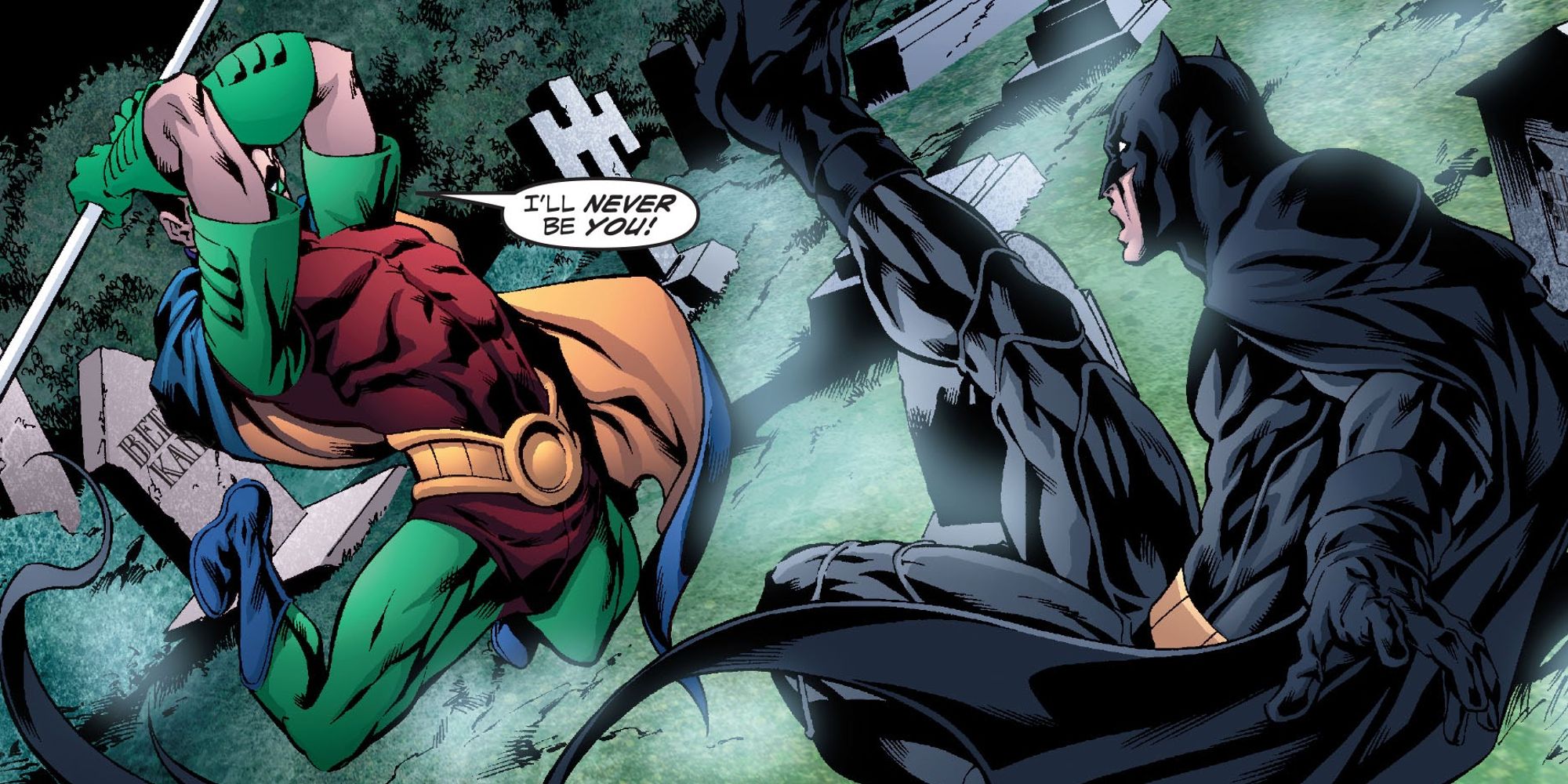 Tim Drake as Robin battling his future self as Batman in Teen Titans: Titans Of Tomorrow