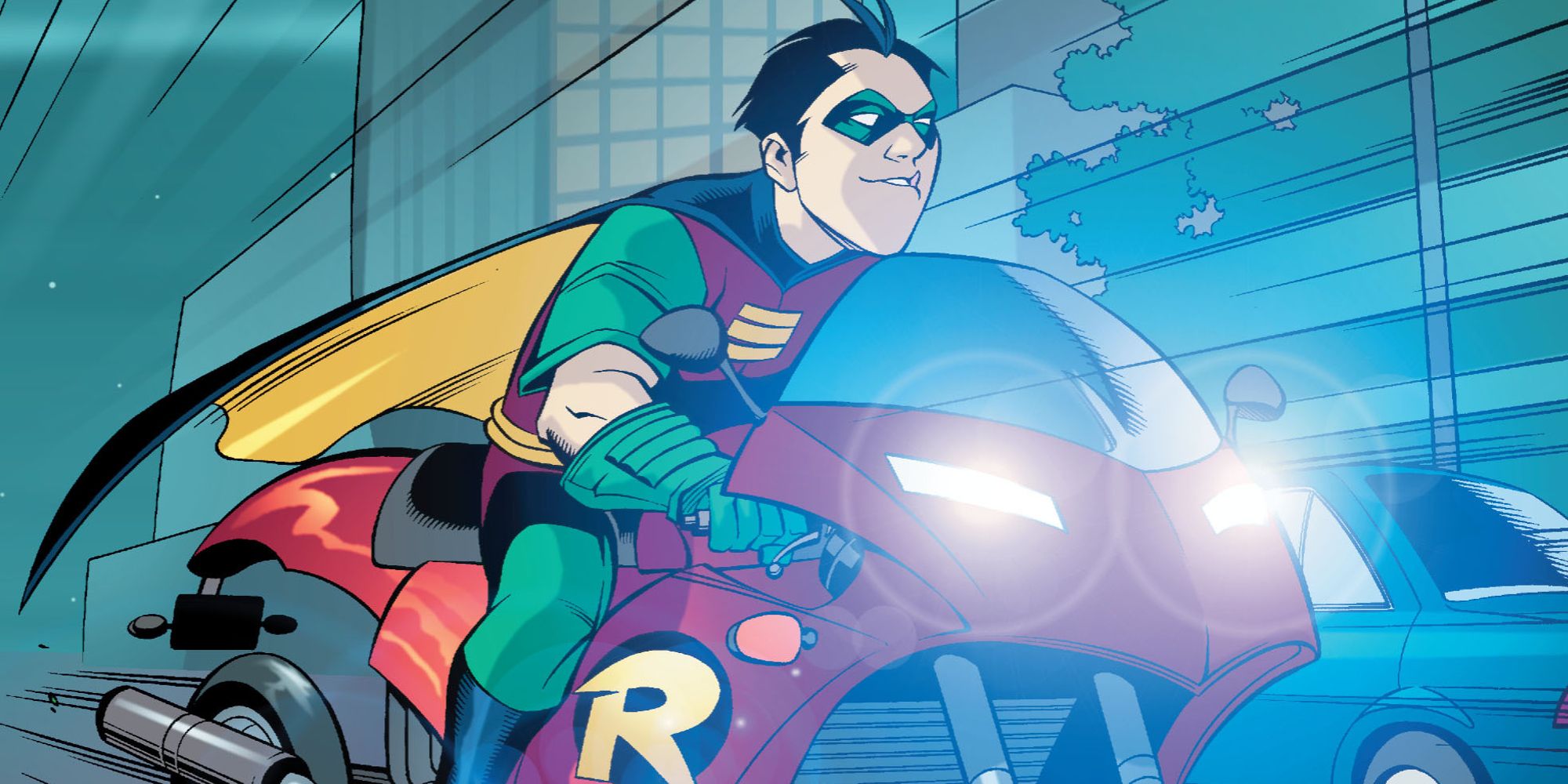 Tim Drake as Robin riding his Redbird motorycle in Robin Unmasked
