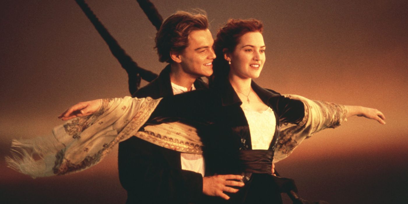 Jack and Rose on the Titanic ship, with Rose spreading her arms in the classic pose.