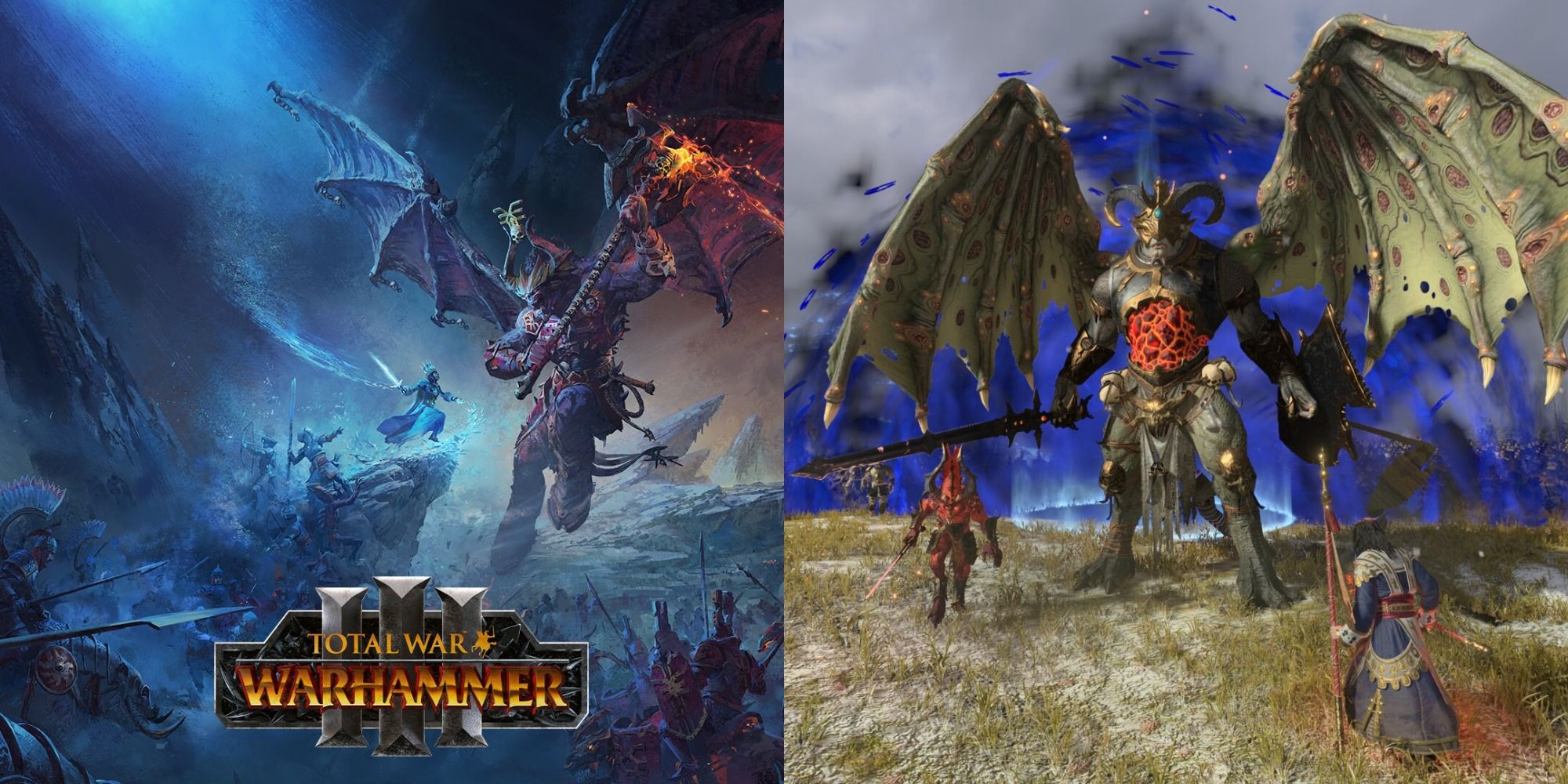 Split image showing logo for Total War Warhammer III and a daemon prince