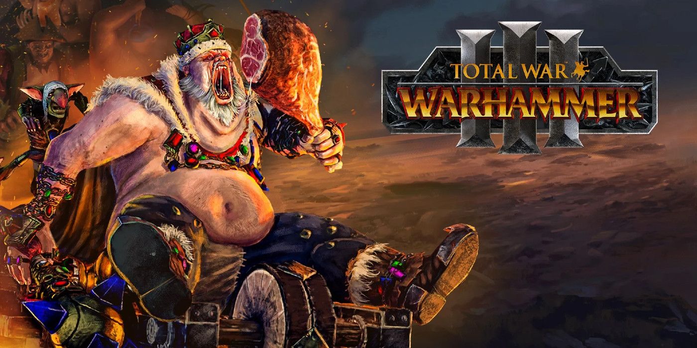 Um gigante obeso comendo uma coxa de frango no jogo Total War: Warhammer III.