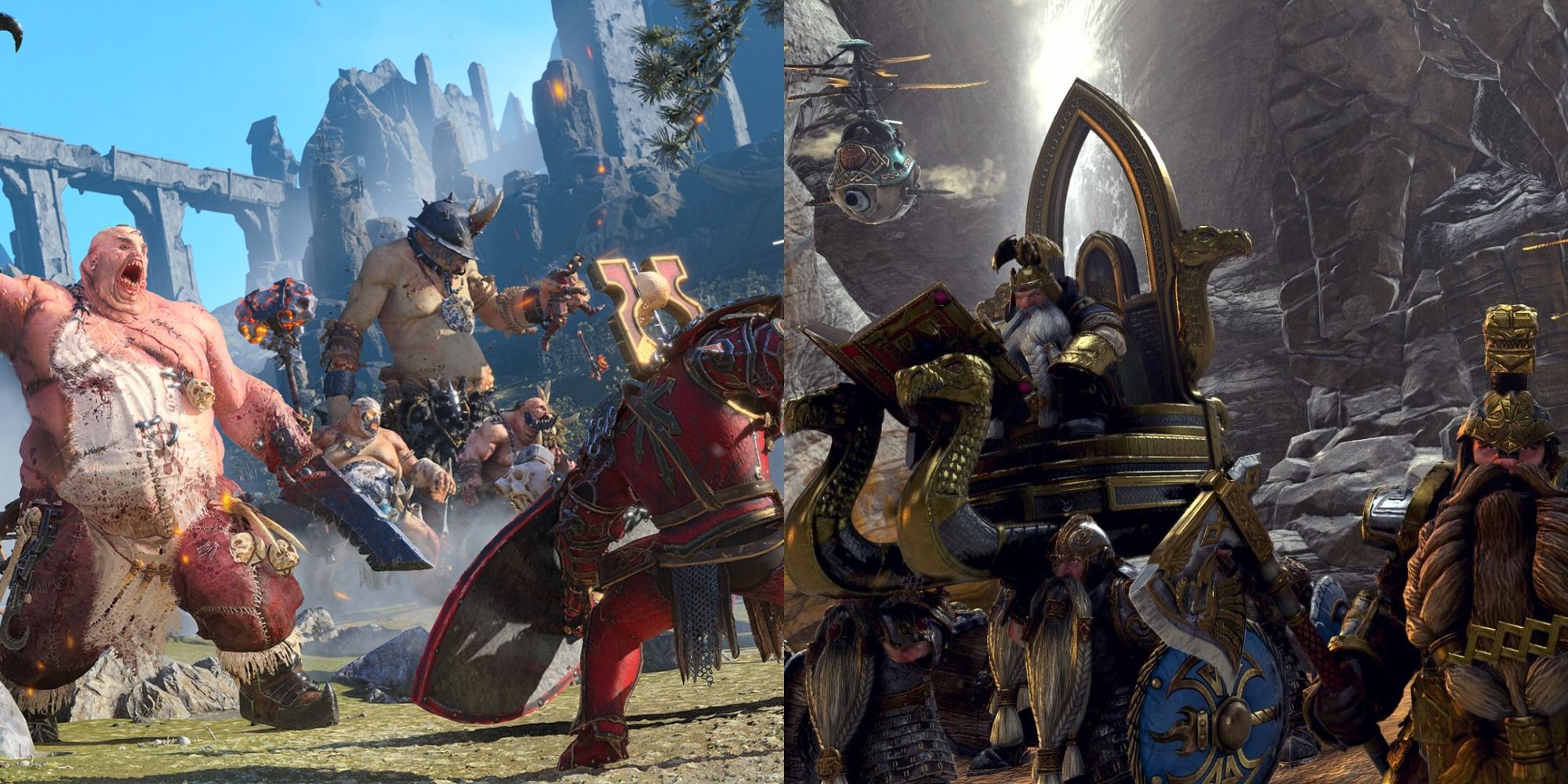 Split image showing scenes from Total War Warhammer III