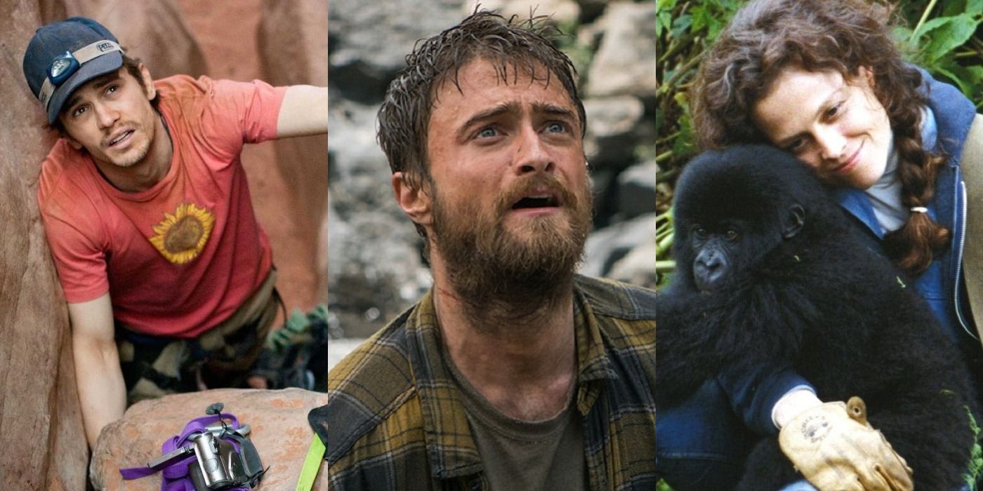 Split image of 127 Hours, Jungle, and Gorillas in the Mist