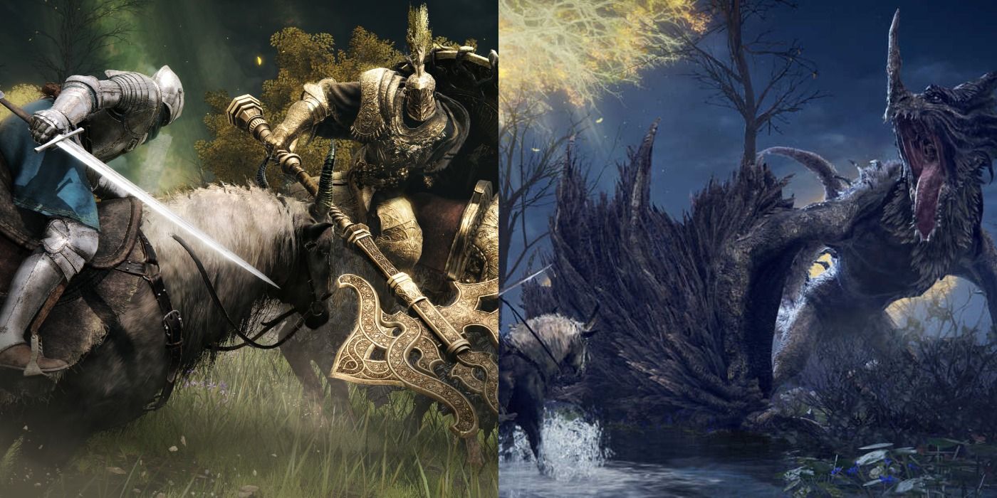 Split image of the Tarnished fighting the Tree Sentinel and Flying Dragon Agheel on horseback