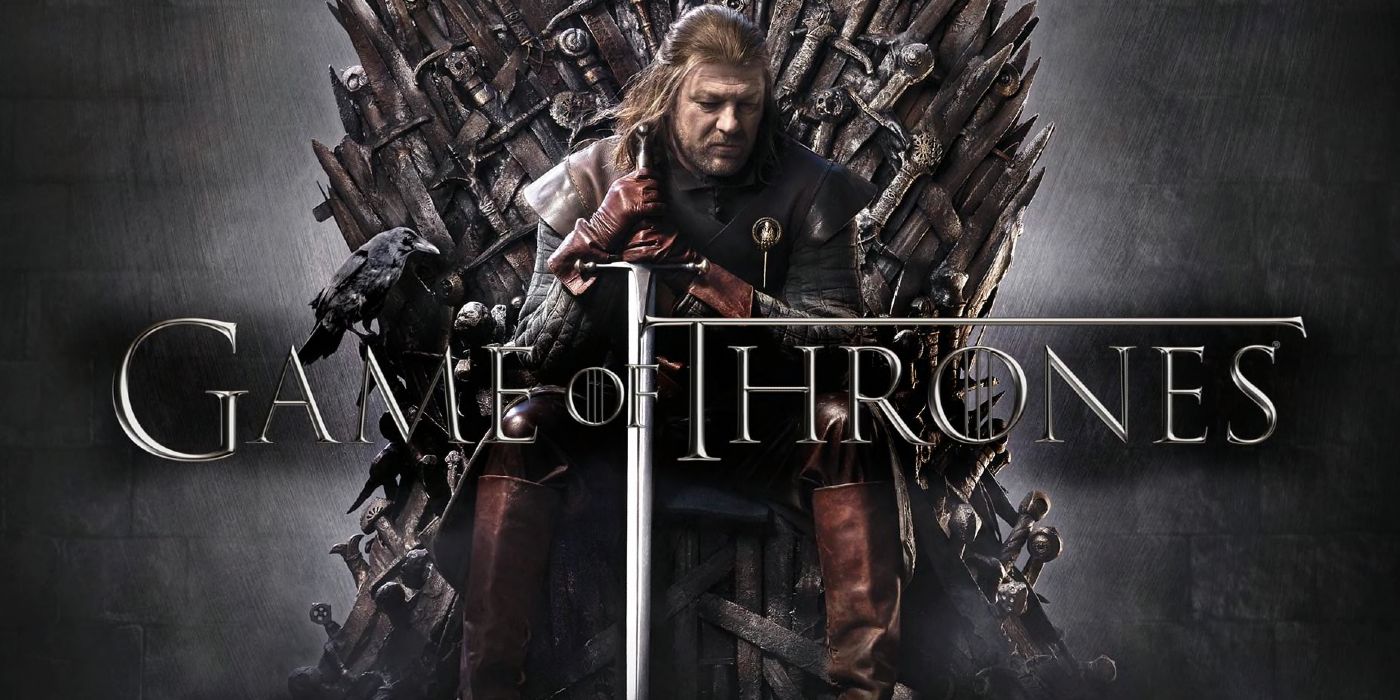 Ned Stark on iron throne with sword and show title