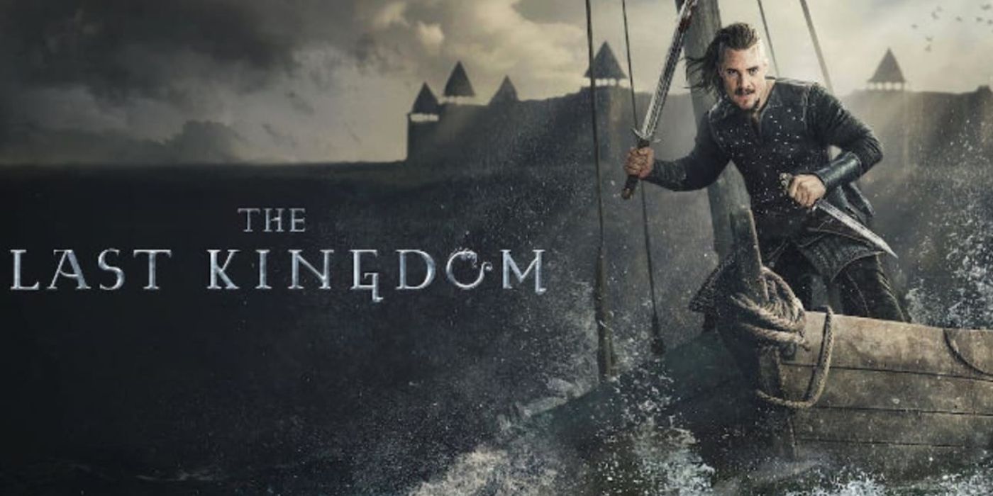 The last Kingdom poser picture, character with sword on a boat, kingdom in the background 