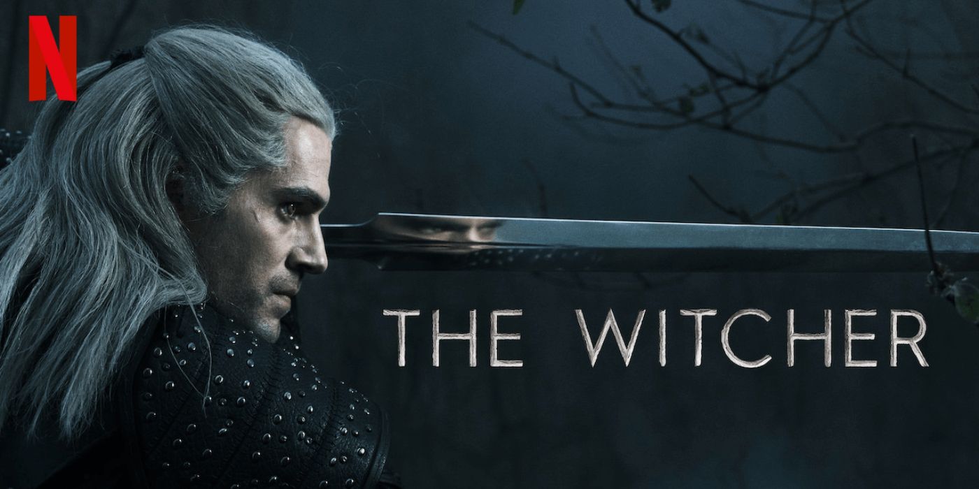 Geralt holding out sword on dark background with show title