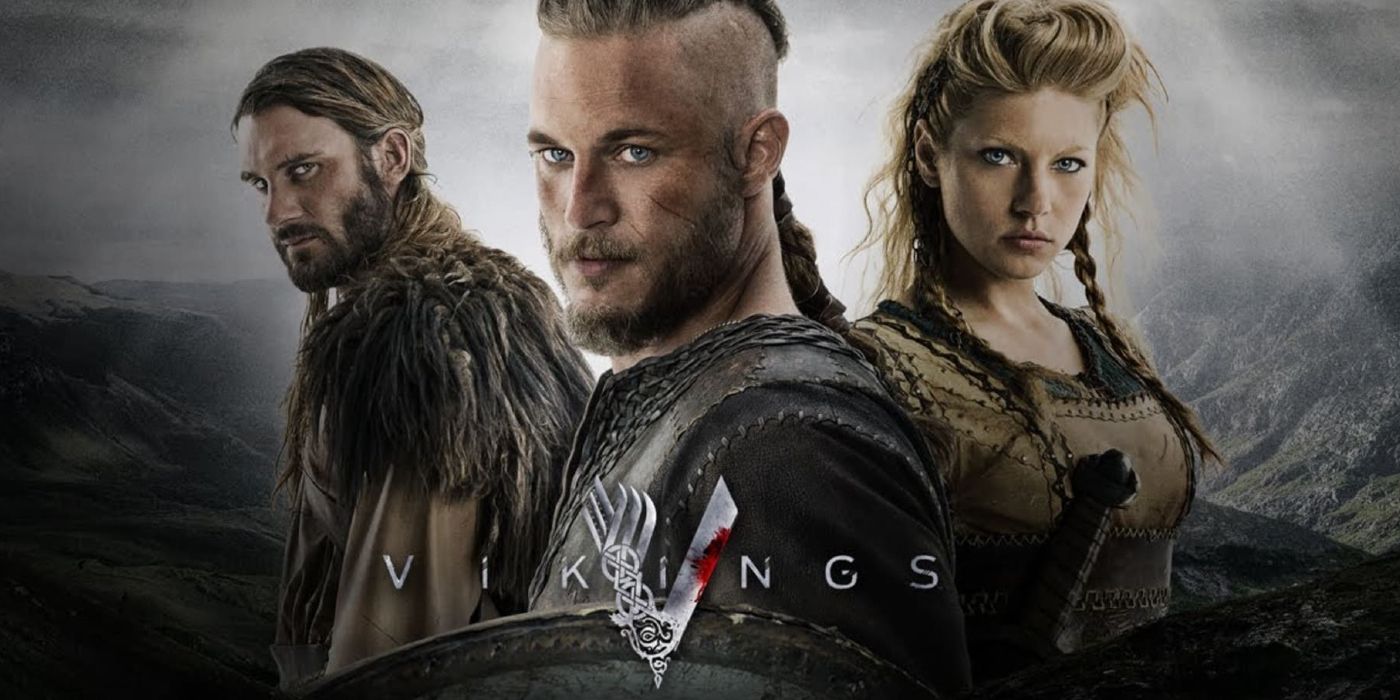 Vikings main characters on foggy background with show title