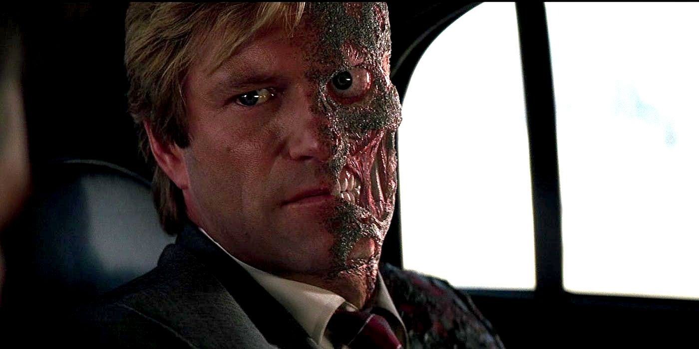 Harvey Dent as the scarred Two-Face in The Dark Knight
