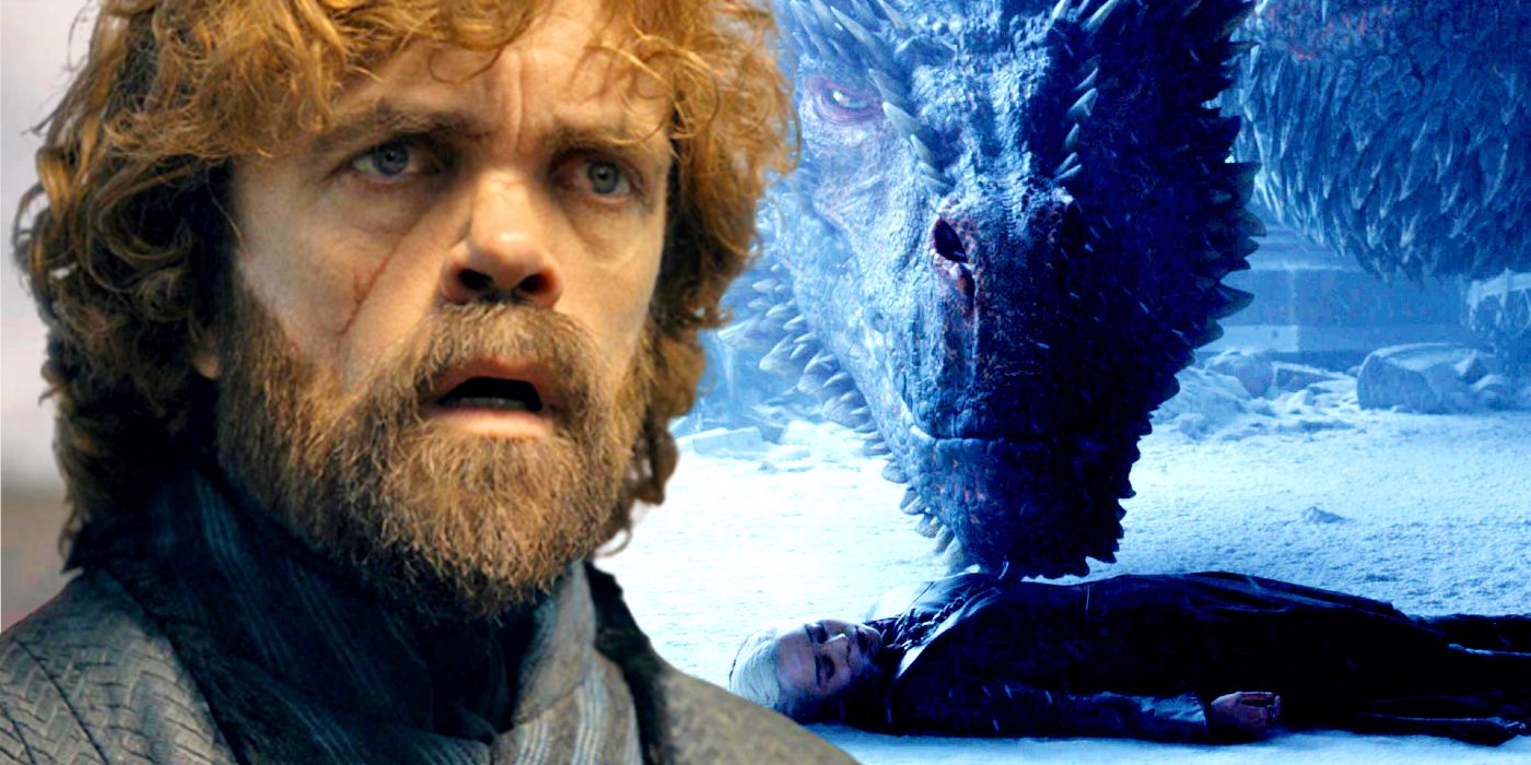 Tyrion Lannister, Daenerys Targaryen, and Drogon in Game of Thrones Season 8