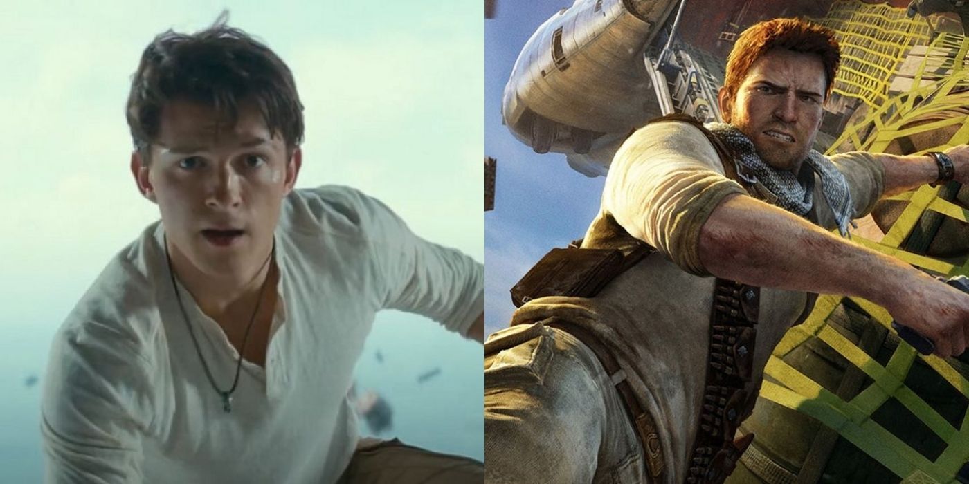 Split image of Nathan Drake in the Uncharted movie and game