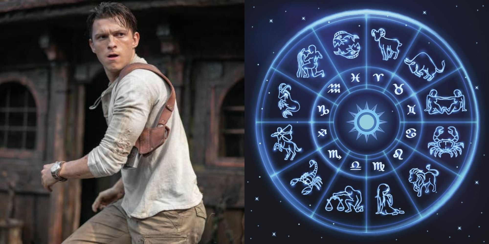 Split image showing Nathan Drake in Uncharted and a zodiac wheel