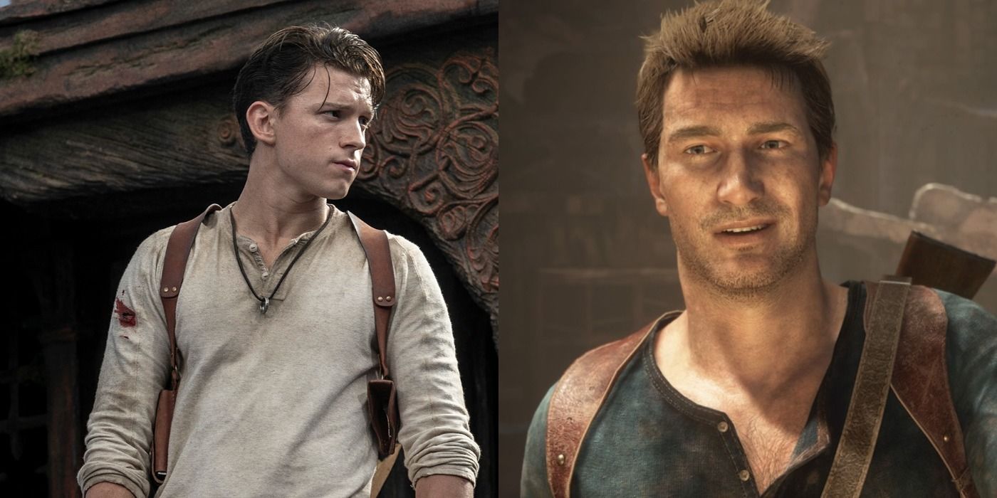 Uncharted split image: Nathan Drake looks to his left/ Nathan Drake laughs