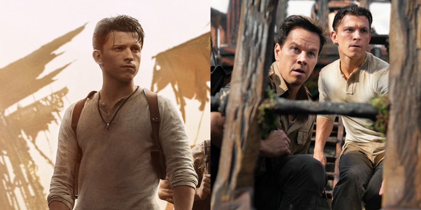 Split image of Tom Holland in Uncharted and then Mark Wahlberg with Holland