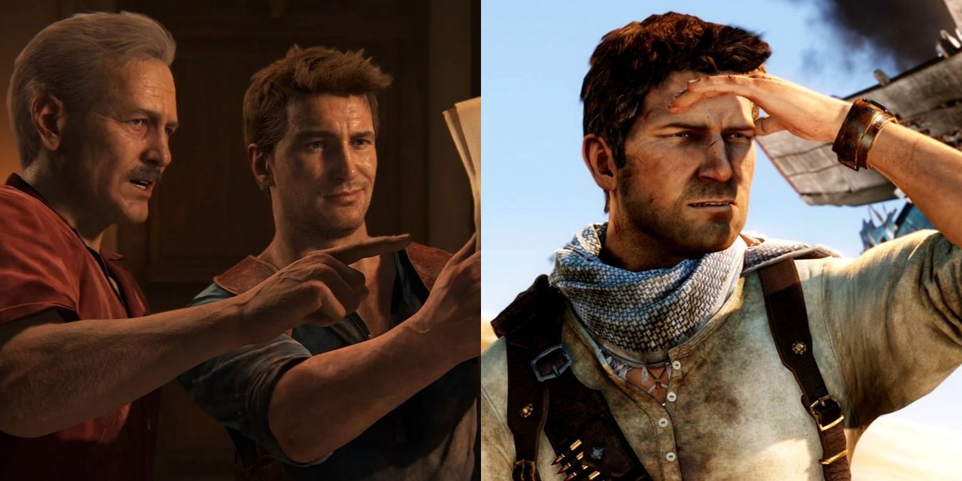 Split image of Sully and Nate look a t a map in Uncharted 4/ Nate in the desert