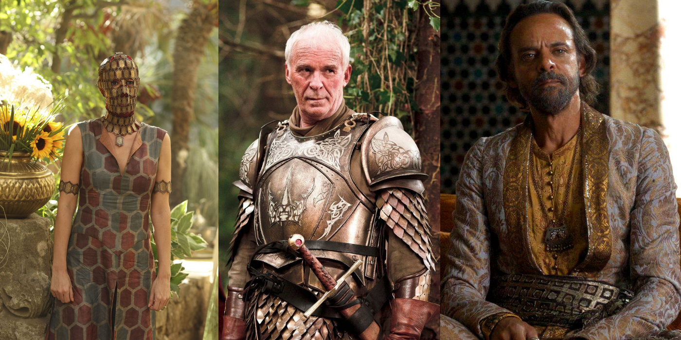 Split image of Quaithe, Barristan Selmy, and Doran Martell in Game of Thrones