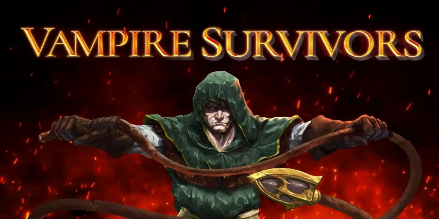 A hooded figure holding a whip under the Vampire Survivors logo.