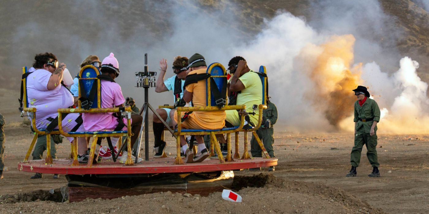 The guys are spun around on the Vomitron in Jackass Forever