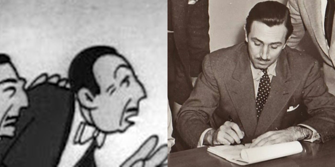 Walt Disney and his movie cameo in two side by side images.