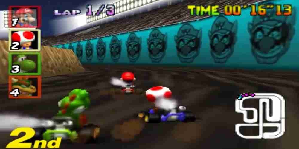 Toad Fait Un Tour Dans Wario Stadium De Mario Kart 64.