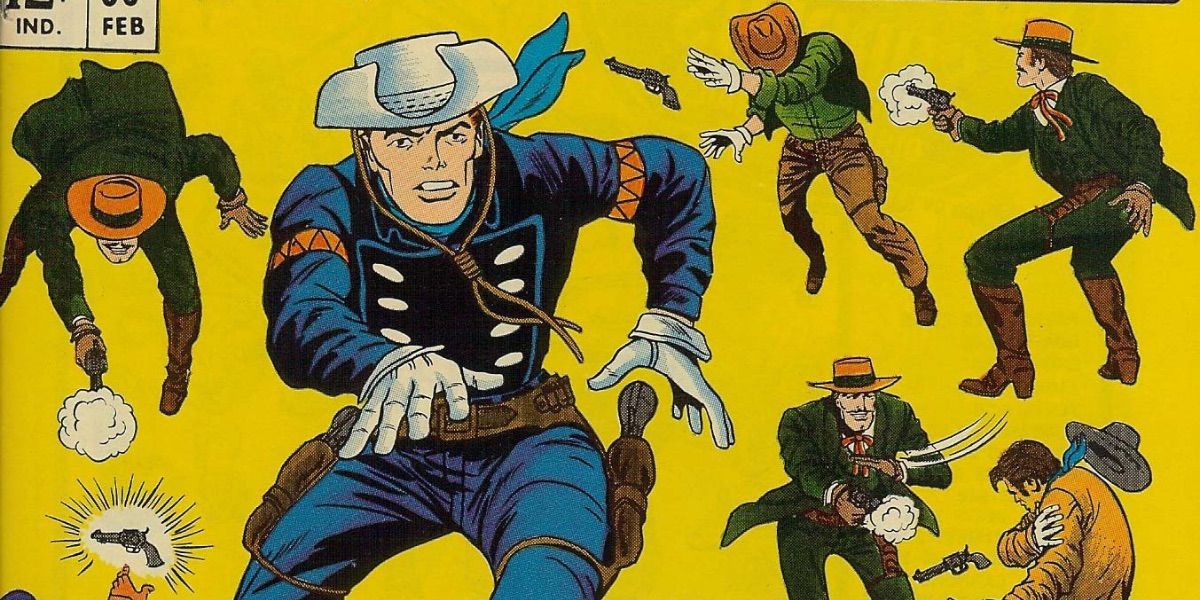 Rawhide Kid jumps in front of a yellow background in a comic book