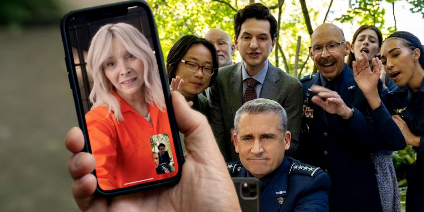 Split image of Maggie on a phone and the Space Force characters gathered to look at a phone