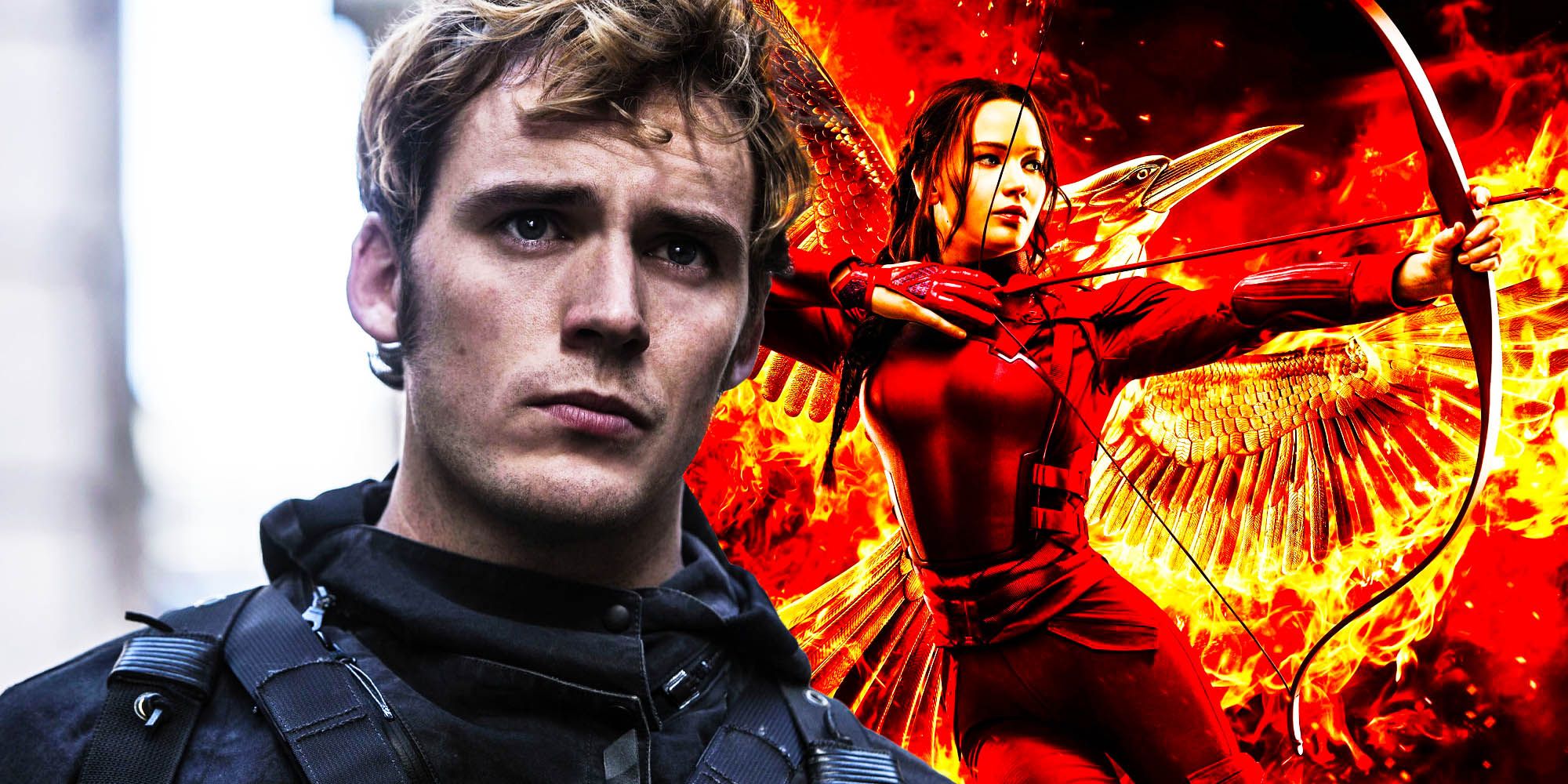 A blended image features Finnick Odair in Hunger Games: Mockingjay and Katniss Everdeen in Hunger Games franchise promotional artwork.