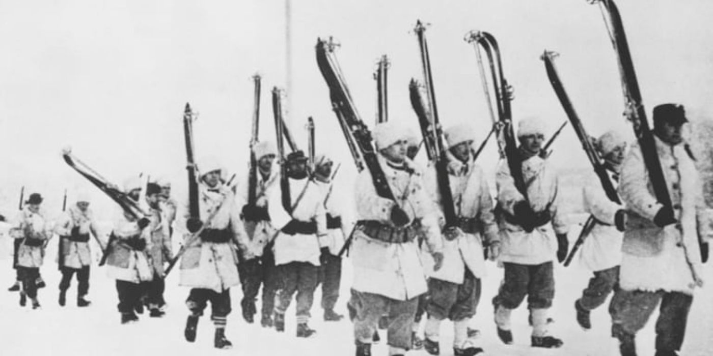 Soldiers marching through the snow