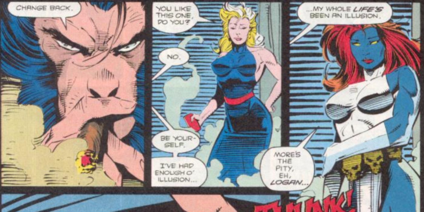 Wolverine and Mystique meet in Marvel Comics.