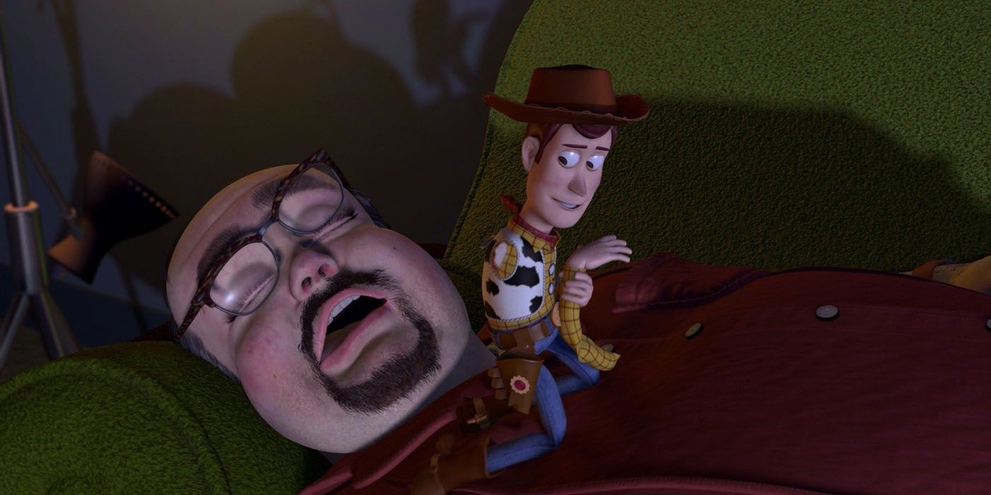 Woody tries to rescue his arm from Al in Toy Story 2