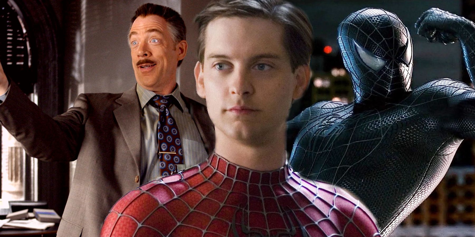 Tobey Maguire Spider-Man with a background of JK Simmons as J Jonah Jameson and the Black Suit Spider-Man