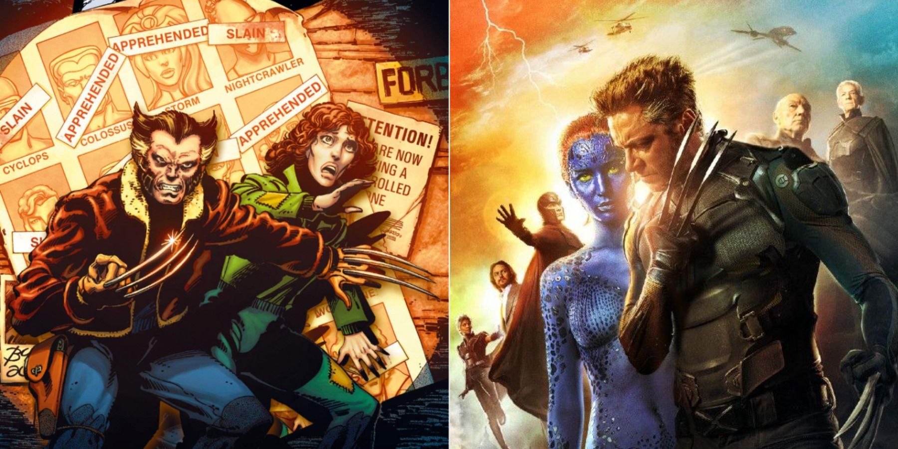 Split image of scenes from the X Men: Days Of Future Past comic and movie