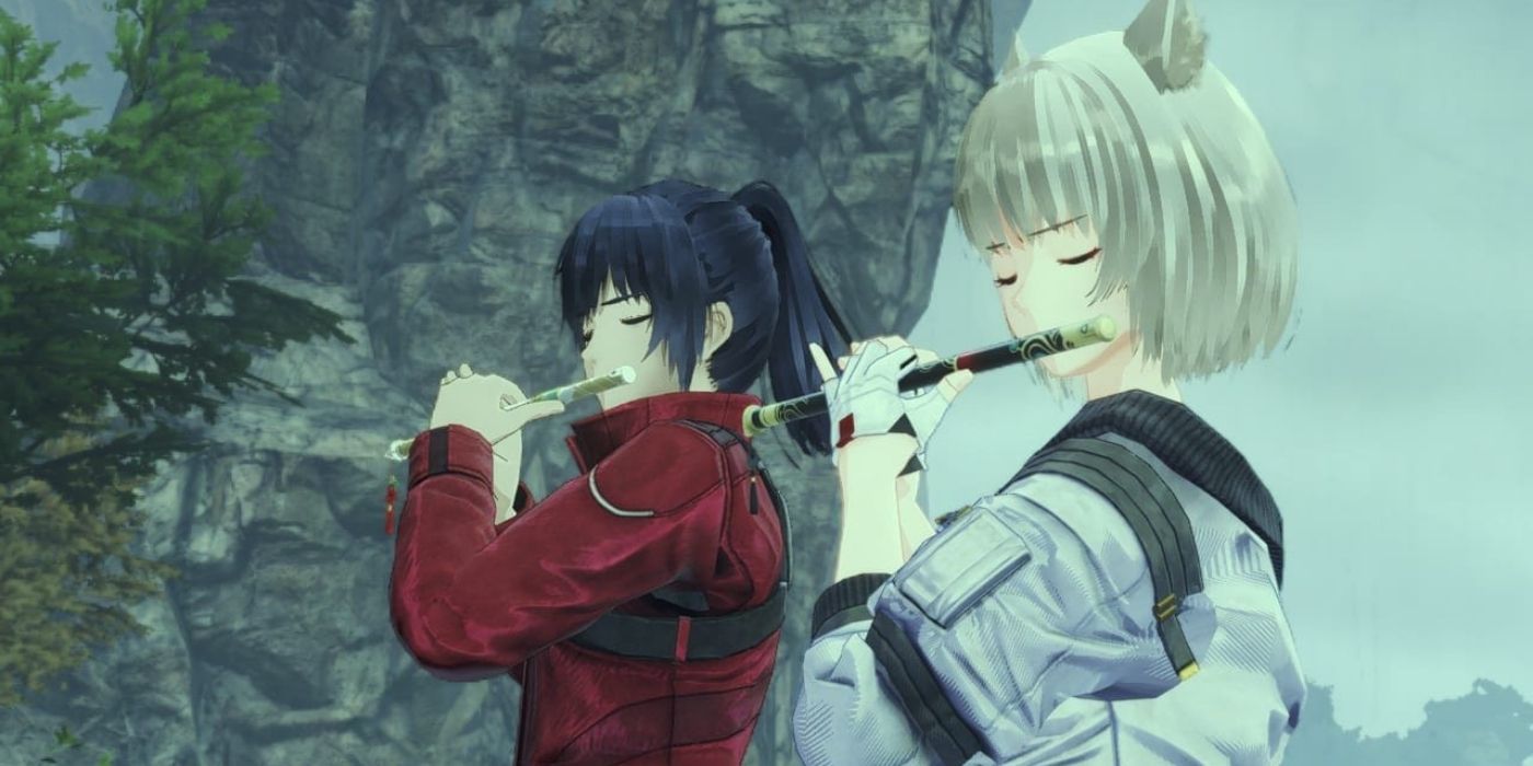Personagens de Xenoblade Chronicles 3 tocando flauta