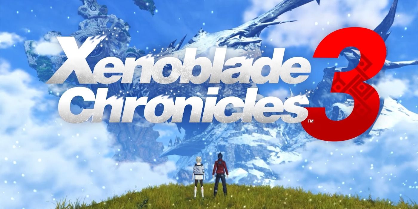 The cover of Xenoblade Chronicles 3 two characters face away from camera looking into sky on grassy hilltop